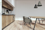 Modern concrete and wooden kitchen interior with furniture. 3D Rendering.