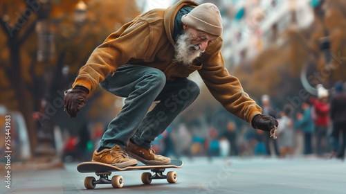 Very Old man skateboarding fast outside in the streets.