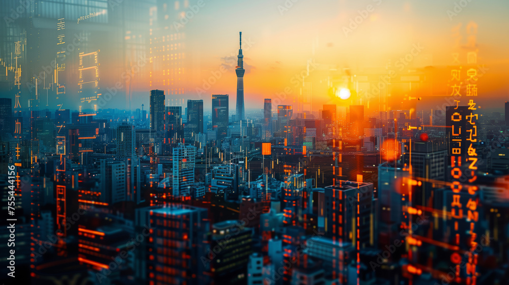 Tokyo Japan business skyline with stock exchange trading chart double exposure, Asia trading stock market digital concept - obrazy, fototapety, plakaty 