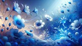 Illustration featuring delicate blue flowers blooming in a whimsical garden image 1