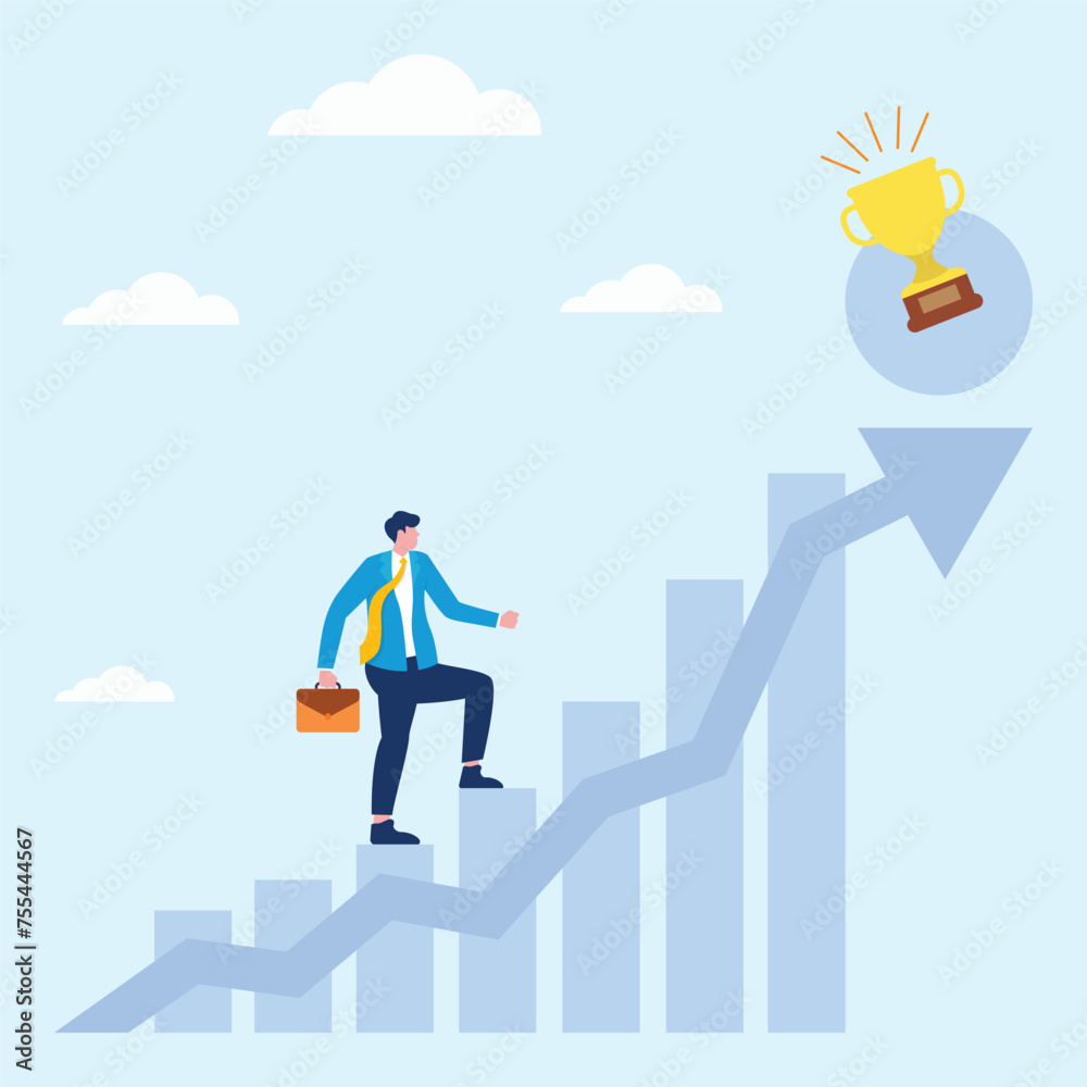 Businessman Walking Up Charts Stairs to Trophy Businessman Walking Up Charts Stairs to Trophy