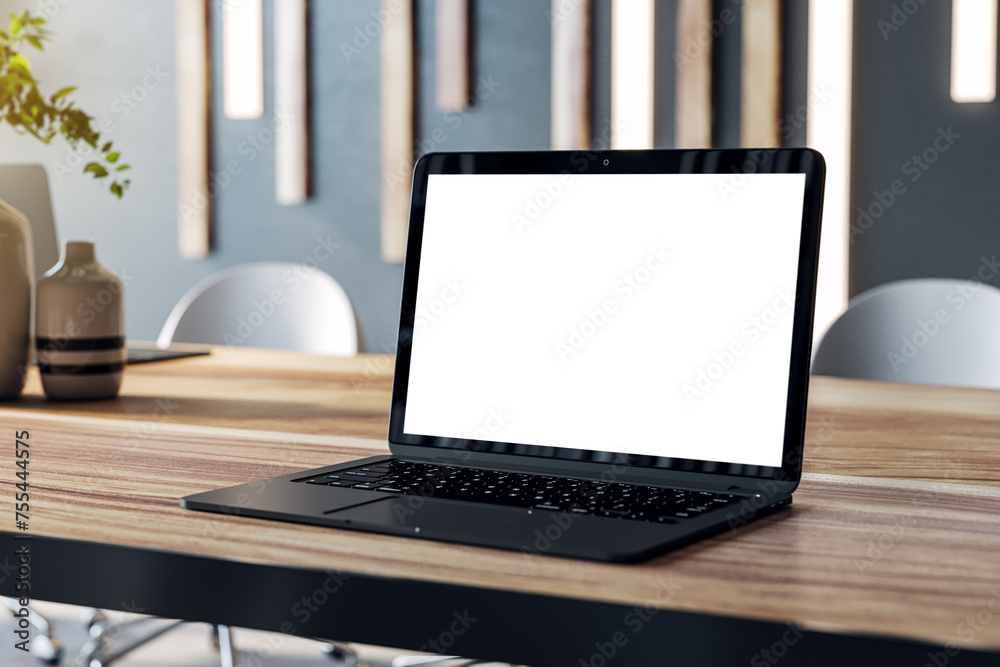 Modern laptop with isolated screen on a wooden table, contemporary conference room setting. 3D Rendering - obrazy, fototapety, plakaty 