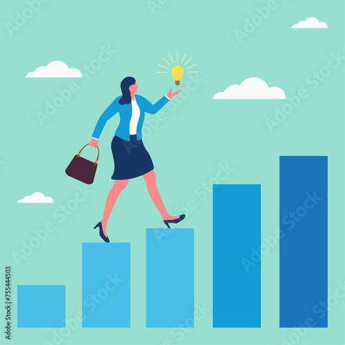 Businesswoman success bring idea and statistics bar