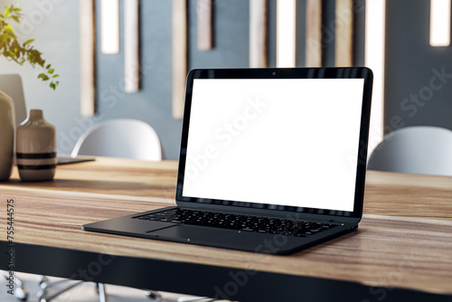 Modern laptop with isolated screen on a wooden table, contemporary conference room setting. 3D Rendering