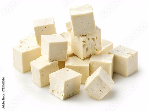 a pile of cubes of white cheese