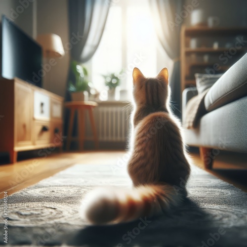 Rear end of a cat walking through a domestic home
 photo
