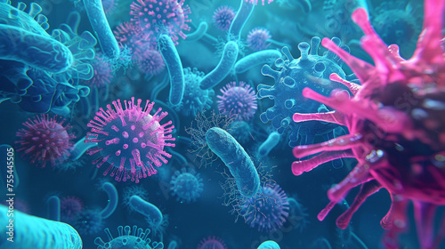 3D illustration of bacteria and viruses in blue and pink tones