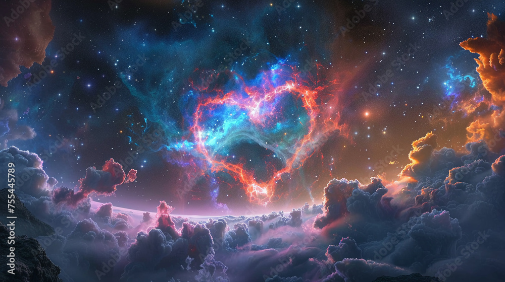 Cosmic heart nebula over an alien landscape
