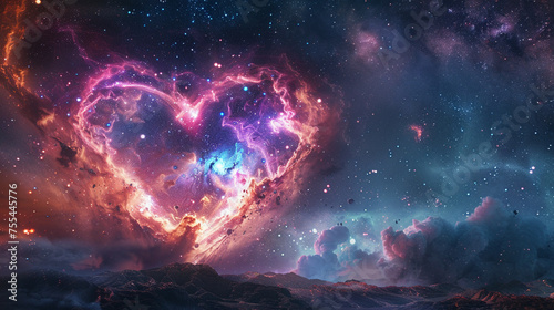 Cosmic heart nebula over an alien landscape