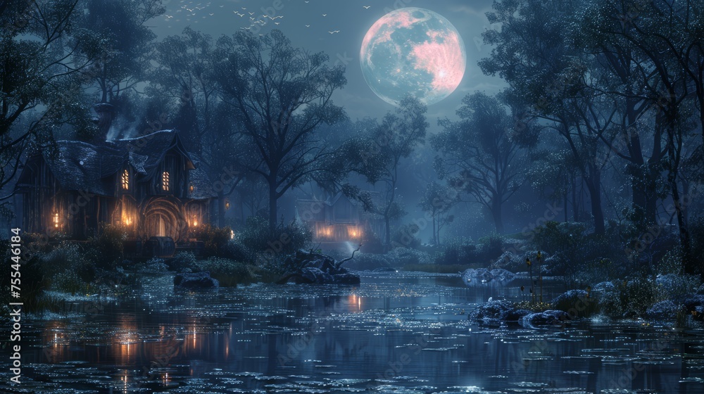 Enchanted forest with witches brewing potions under a full moon