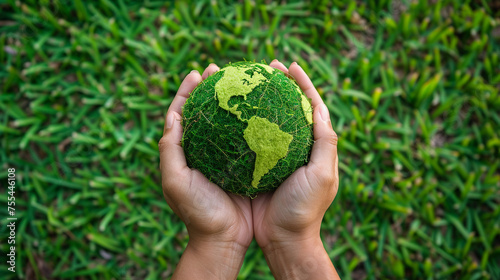 Hands holding a globe of grass and earth on a green background