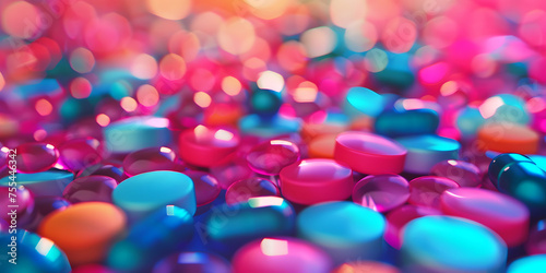 A colorful pile of pills with a blurry background