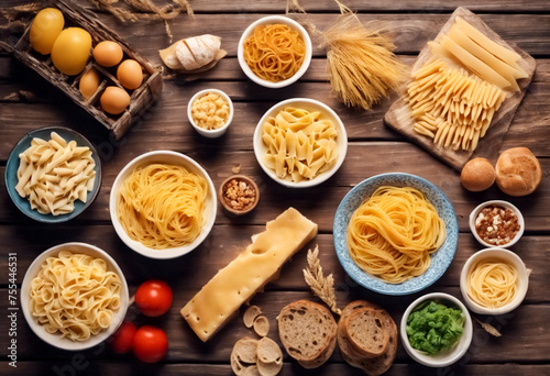 Senza Glutine e Gustoso- Selezione di Pasta, Pane e Snack su Sfondo di Legno, Vista dall'Alto