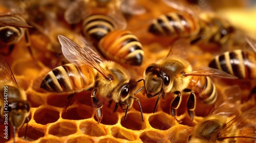 Macro view of the working bees on honeycells.