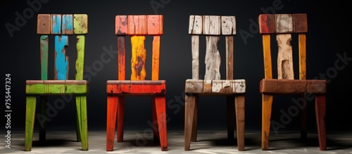 A row of vibrant wooden chairs, each painted in a different color, are neatly lined up next to each other. The chairs appear to be handmade from recycled wood, showcasing a unique and rustic