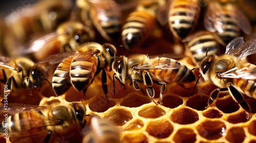 Macro view of the working bees on honeycells.