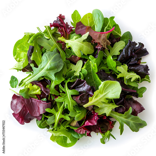 Salad with fresh vegetables and mix with rucola, frisee, radicchio and lamb's lettuce top view isolated on white background