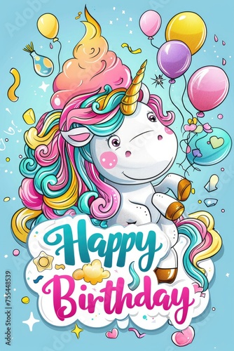 Vibrant unicorn with balloons and gifts