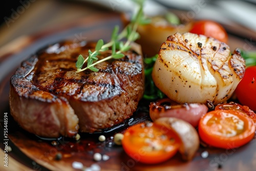 Seared Steak with Scallops and Tomatoes
