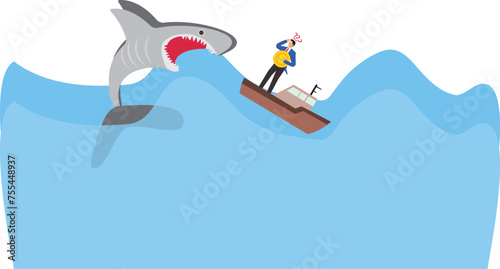 The businessman carrying a big US Dollar currency is getting attacked by a shark