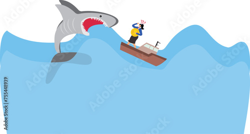 The businesswoman carrying a big US Dollar currency is getting attacked by a shark