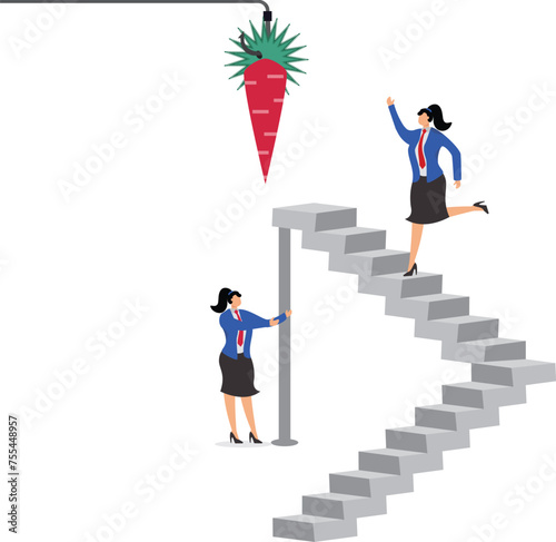 Two businesswomen using a ladder to catch the dangling carrot at the end of a stick