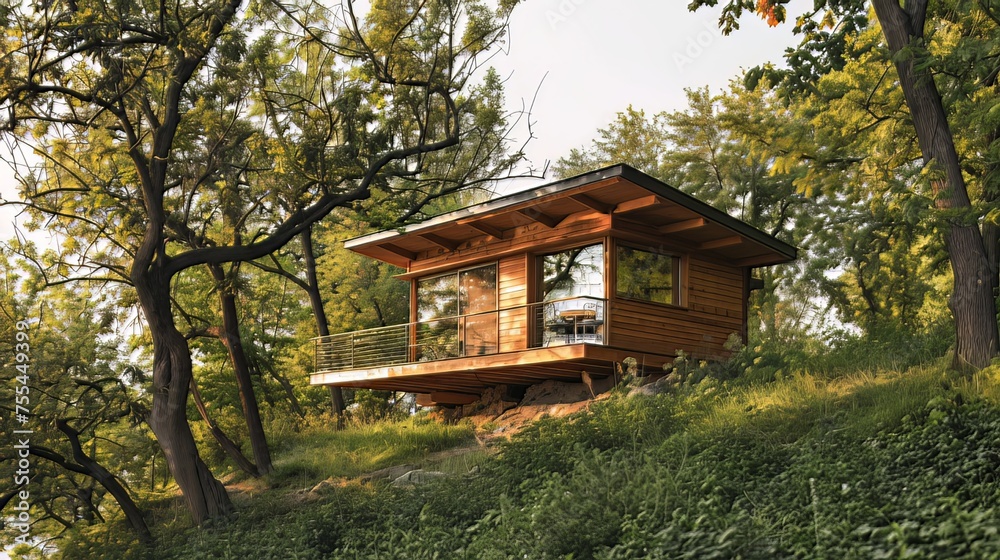 Lake-View Wooden Cabin: Perched on a hill, a small wooden cabin offers views of a tranquil lake, creating a serene living space.