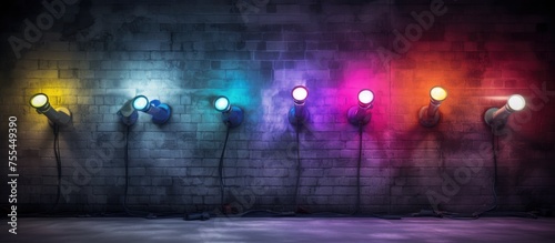 A row of bright, colorful spotlights illuminating a textured brick wall. The lights create a striking contrast against the rough surface of the bricks, adding a playful and eye-catching element to the