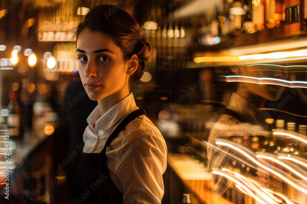 Portrait of hostess, blurred lights of an event space in the background. Long exposure, bokeh. Created with Generative AI technology. Portrait of hostess, blurred lights of an event space in the background. Long exposure, bokeh. Created with Generative AI technology.