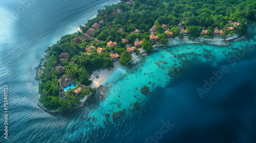 Maldives island scenic aeria; view, summer vacation tropical destination in the Indian sea illustration, hotel on idyllic remote scenic shore