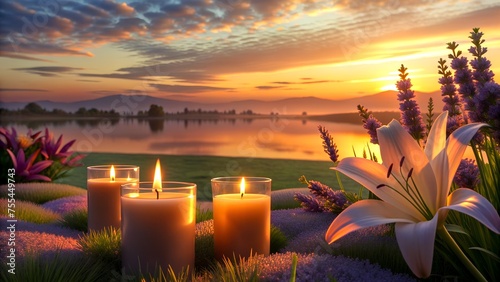 Sunset Ambience with Lilies, Lavender, and Candles by the Lake. Romantic candlelight dinner by the lake. Lavender candles, romantic sunset date by the river.