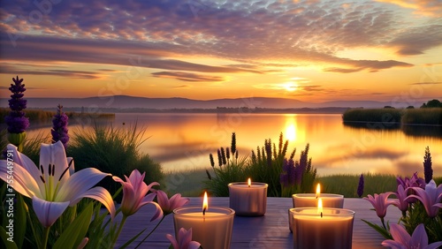 Peaceful Lake Sunset with Flowers and Candles on Wooden Pier. Romantic candlelight dinner by the lake. Lavender candles, romantic sunset date by the river.