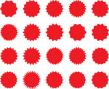 Starburst red sticker set - collection of special offer sale oval and round shaped sunburst labels and badges. Promo stickers and badges with star edges. Vector.