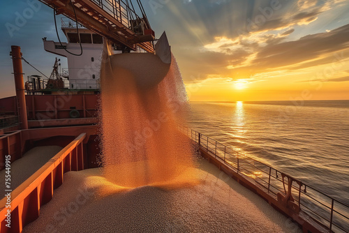 Grain pouring in tanker container before shipment at sunset. Sun dips below horizon casting final fleeting ray of light on vessel scene