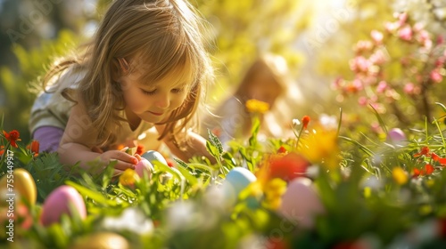 Happy Children Playing Easter Egg Hunt Outdoors