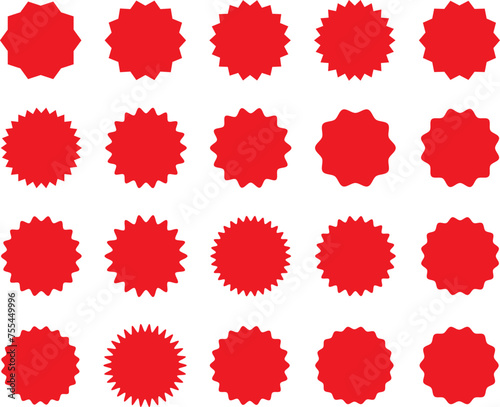 Starburst red sticker set - collection of special offer sale oval and round shaped sunburst labels and badges. Promo stickers and badges with star edges. Vector.