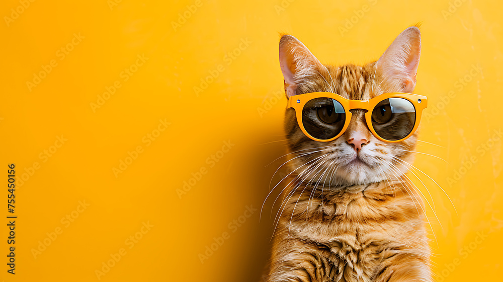 Fototapeta premium A cat wearing sunglasses is ready to go on vacation on a yellow background. There is a place for text.