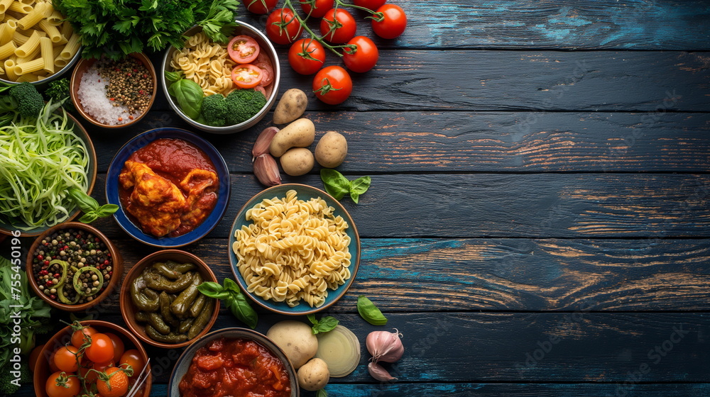 A lots of food such as salad, pasta, vegetable and chicken with pasta and sauce, meat and potatoes on wooden table, the space table on the right side A lots of food such as salad, pasta, vegetable and chicken with pasta and sauce, meat and potatoes on wooden table, the space table on the right side