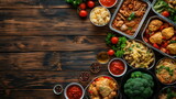 A lots of food such as salad, pasta, vegetable and chicken with pasta and sauce, meat and potatoes on wooden table, the space table on the left side
