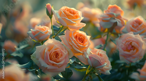 A variety of garden roses, including Rosa x centifolia and hybrid tea roses, are blooming alongside grass in vibrant shades of pink and orange petals photo