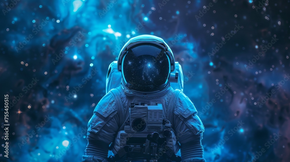 Astronaut in a space suit with the cosmos reflected in the visor against a backdrop of interstellar space. - obrazy, fototapety, plakaty 