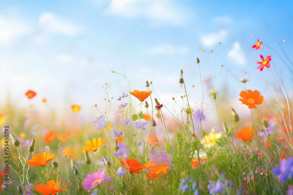 A photograph of a vibrant field of blooming flowers with a clear blue sky, Generative ai.