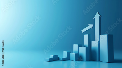 A vibrant photograph with a hyper-realistic depiction of a blue 3D business graph symbolizing profit and revenue growth  featuring a hovering arrow indicating positive market trends. Free space text.