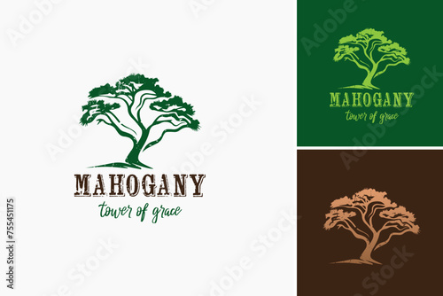 a tree with a sign saying mahogany tower of grace logo design template. Perfect for nature themed designs or promoting eco friendly initiatives. photo