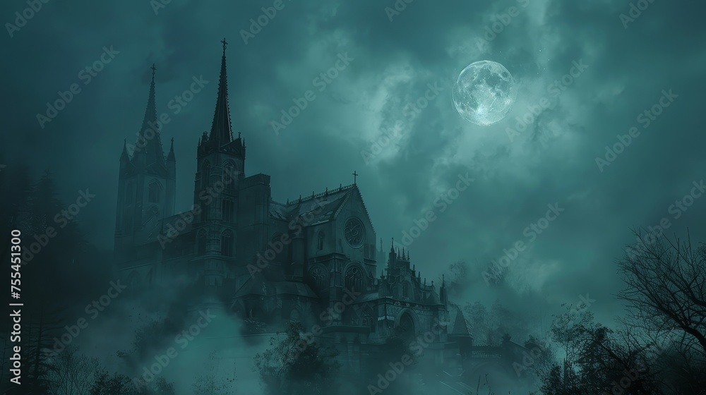 Gothic architecture silhouetted against a moonlit wraiths whisper - obrazy, fototapety, plakaty 