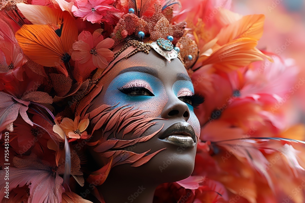 Elegant woman adorned in vibrant floral costume with artistic makeup Elegant woman adorned in vibrant floral costume with artistic makeup