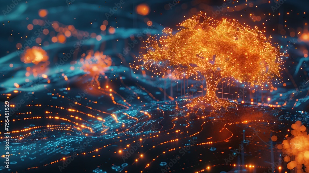 Futuristic AI tree network glowing over a digital landscape, symbolizing machine learning insights.