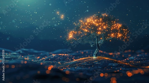 Futuristic AI tree network glowing over a digital landscape, symbolizing machine learning insights.