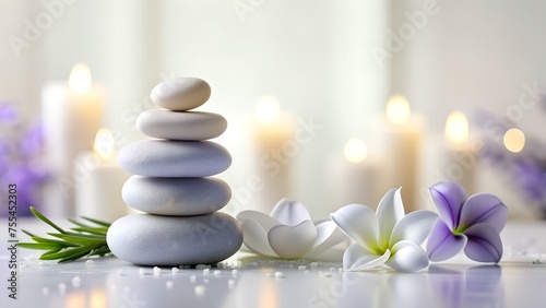 Zen Spa Balance with Stacked Stones and Frangipani Blooms in Serene Light. Peaceful Zen Balance with Stacked Pebbles and Frangipani Blossoms in Soft Light