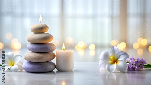Serene Spa Composition with Stacked Stones  Candles  and Lavender on Reflective Surface. Frangipani Flowers. Fresh white Plumeria Flowers.